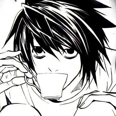a picture of L Lawliet looking at the camera as he sips for a tea cup
