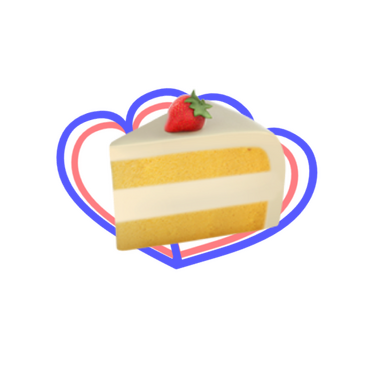 a picture of a piece of cake layered ontop of 2 hearts conjoined. The hearts are blue and inside the blue hearts are smaller red hearts